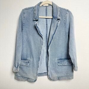 BIBI Denim Blazer Jacket Women Medium Light Wash 100% Cotton Oversized Casual